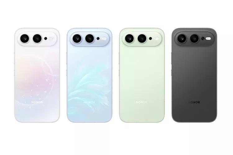 Empat pilihan warna smartphone Honor 600 Super Edition menampilkan bodi belakang gradasi glitter, pola bulu biru, hijau pastel, dan hitam matte dengan modul kamera horizontal unik.