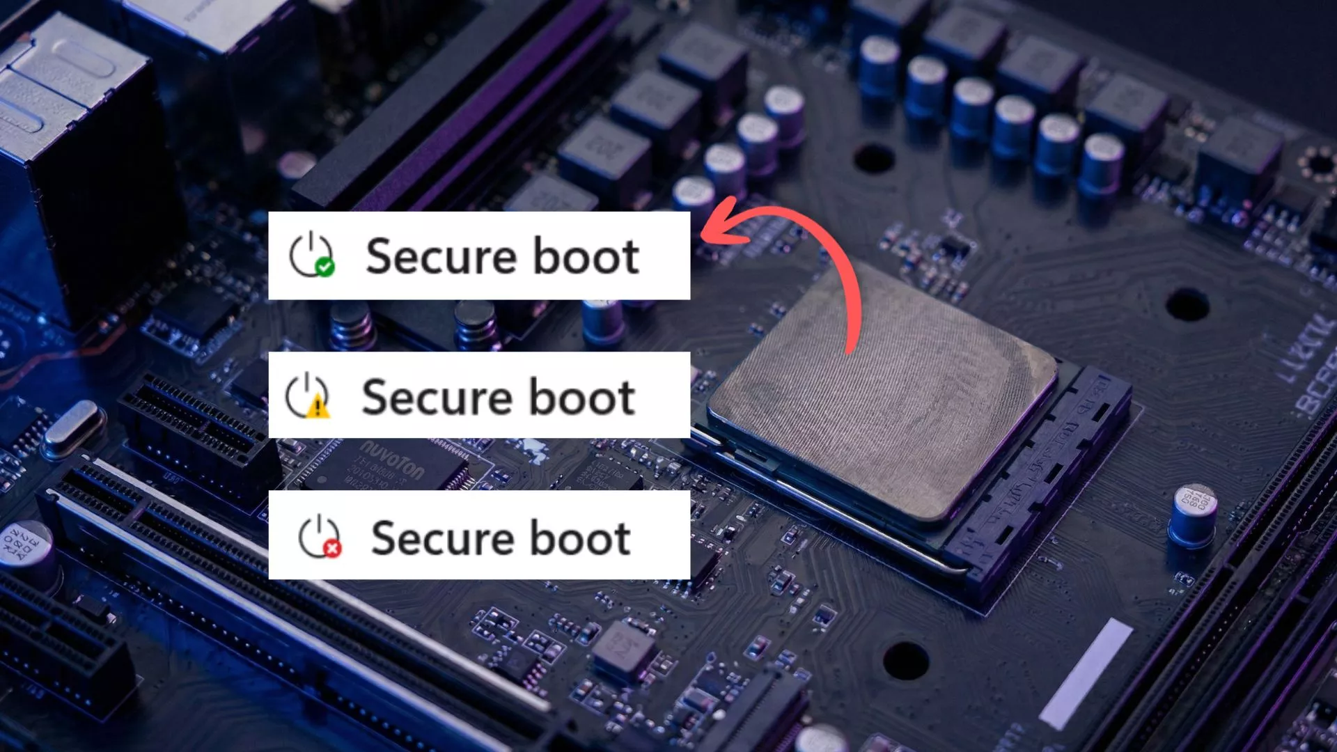 Foto motherboard komputer dengan tiga opsi status Secure Boot yang menunjukkan indikator aman, waspada, dan eror.