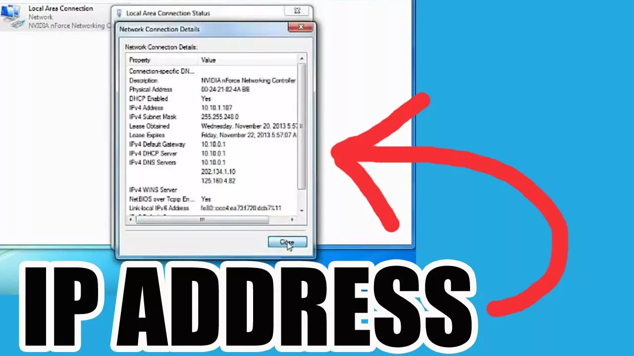 Mengecek detail spesifikasi jaringan dan IPv4 Address melalui menu status koneksi lokal Windows.