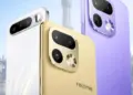 Realme 16T varian warna Emas dan Ungu memperlihatkan detail lensa kamera belakang yang besar.