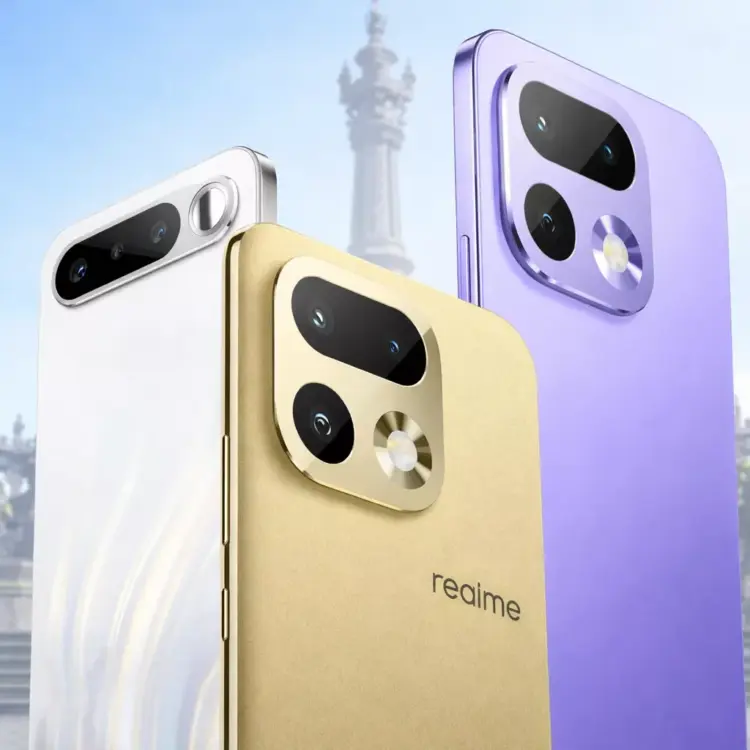 Realme 16T varian warna Emas dan Ungu memperlihatkan detail lensa kamera belakang yang besar.