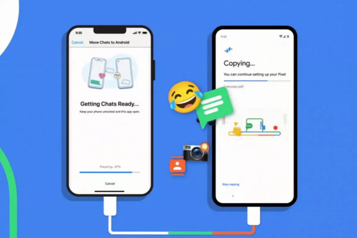 Ilustrasi proses pemindahan chat dan data dari iPhone ke perangkat Android menggunakan kabel data.