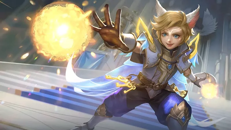Efek kilauan cahaya emas dari skin bertema ksatria kerajaan ini membuat kombinasi skill Chrono Dash Harith semakin memanjakan mata.