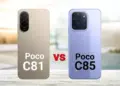Perbandingan tampilan belakang POCO C81 Pro dan POCO C85 yang memiliki desain kamera dan bodi berbeda.