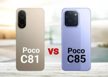 Perbandingan tampilan belakang POCO C81 Pro dan POCO C85 yang memiliki desain kamera dan bodi berbeda.