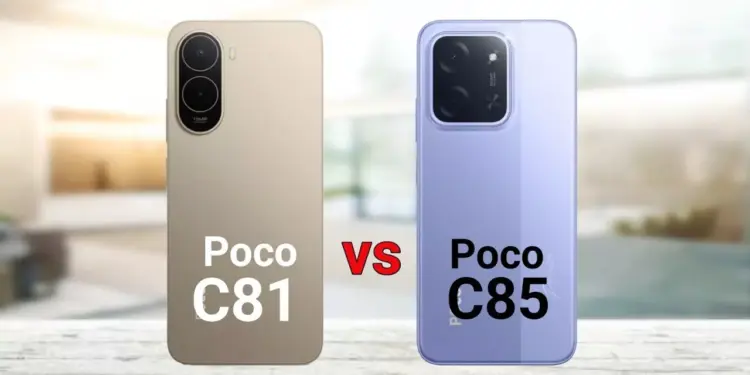 Perbandingan tampilan belakang POCO C81 Pro dan POCO C85 yang memiliki desain kamera dan bodi berbeda.