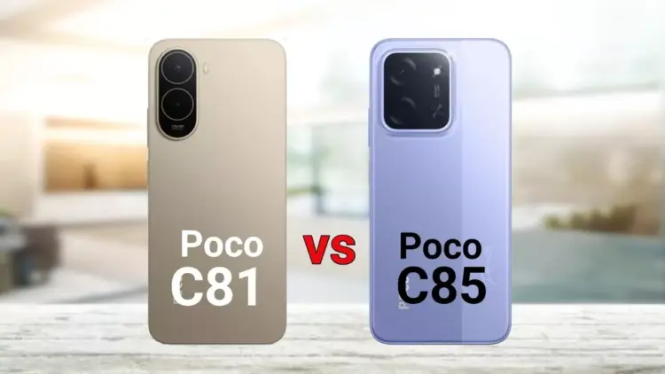 Perbandingan tampilan belakang POCO C81 Pro dan POCO C85 yang memiliki desain kamera dan bodi berbeda.