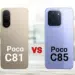 Perbandingan tampilan belakang POCO C81 Pro dan POCO C85 yang memiliki desain kamera dan bodi berbeda.