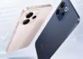 Varian warna Oppo Reno 16 dalam warna emas champagne dan biru gelap menampilkan modul kamera belakang yang elegan.