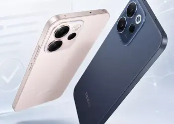 Varian warna Oppo Reno 16 dalam warna emas champagne dan biru gelap menampilkan modul kamera belakang yang elegan.