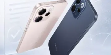 Varian warna Oppo Reno 16 dalam warna emas champagne dan biru gelap menampilkan modul kamera belakang yang elegan.
