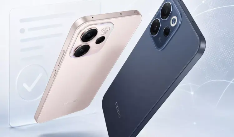 Varian warna Oppo Reno 16 dalam warna emas champagne dan biru gelap menampilkan modul kamera belakang yang elegan.