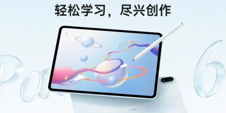 Bocoran poster promosi Oppo Pad 6 yang memperlihatkan desain elegan dan dukungan pena digital untuk menunjang kreativitas.