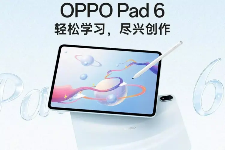 Bocoran poster promosi Oppo Pad 6 yang memperlihatkan desain elegan dan dukungan pena digital untuk menunjang kreativitas.