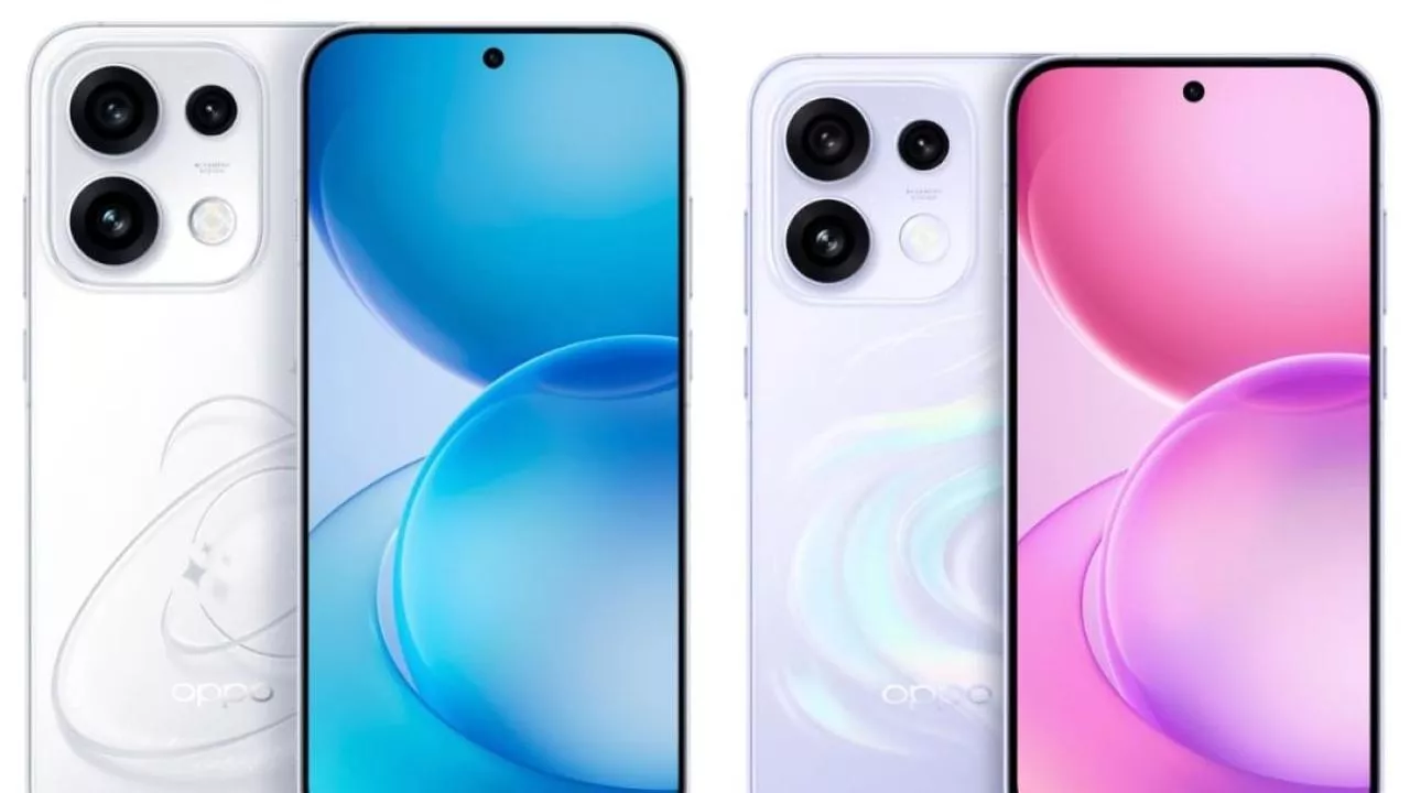 Tampilan sisi depan dan belakang Oppo Reno16 Series varian warna putih dengan wallpaper biru dan varian ungu dengan wallpaper merah muda.