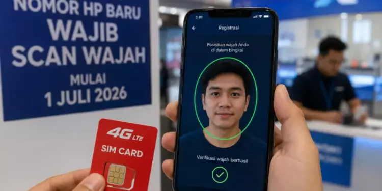 Tampilan layar ponsel menunjukkan verifikasi wajah berhasil untuk registrasi nomor HP baru berdampingan dengan kartu SIM 4G LTE.