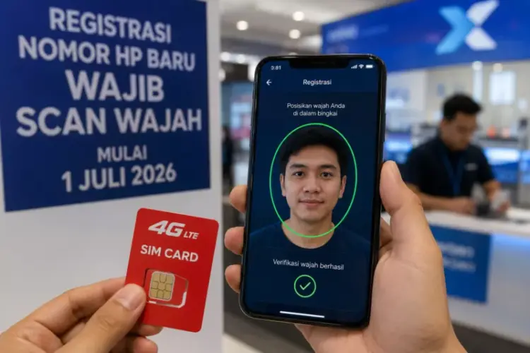 Tampilan layar ponsel menunjukkan verifikasi wajah berhasil untuk registrasi nomor HP baru berdampingan dengan kartu SIM 4G LTE.