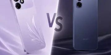 Perbedaan visual yang mencolok antara varian warna OPPO A6c vs OPPO A6x dari sisi casing belakang.