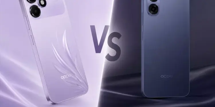 Perbedaan visual yang mencolok antara varian warna OPPO A6c vs OPPO A6x dari sisi casing belakang.