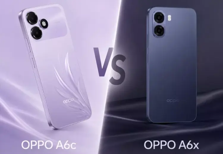 Perbedaan visual yang mencolok antara varian warna OPPO A6c vs OPPO A6x dari sisi casing belakang.