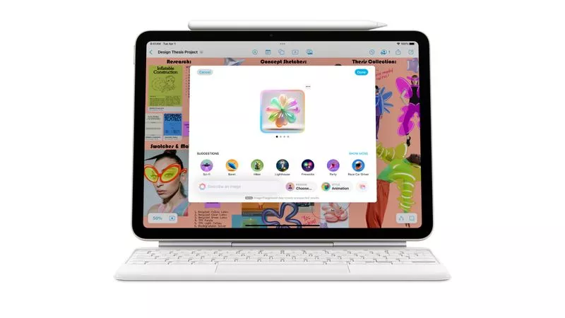 Antarmuka fitur AI Image Playground pada iPad Air M4 yang terhubung dengan Magic Keyboard dan Apple Pencil.