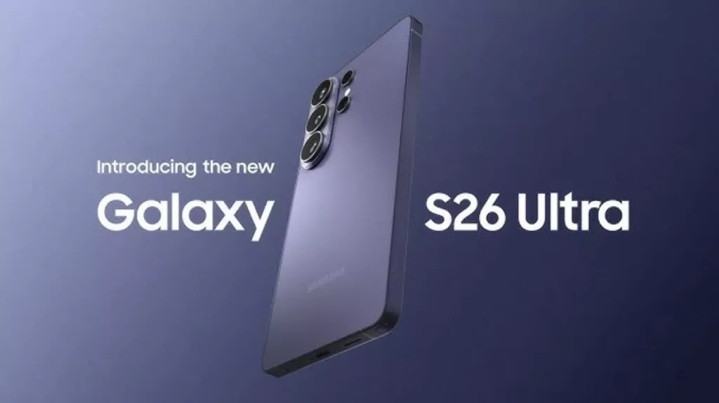Bocoran desain bodi belakang Samsung Galaxy S26 Ultra varian warna ungu dengan susunan modul kamera vertikal yang elegan.