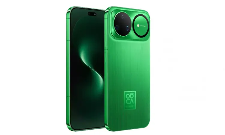 Tampilan sisi depan dan belakang smartphone Huawei Nova 16 Series varian warna hijau metalik yang mengkilap dengan tekstur garis vertikal halus.