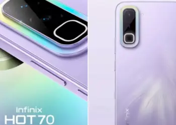 Detail modul kamera Infinix Hot 70 warna ungu dan hijau yang menunjukkan kemampuan ganti warna bodi.