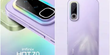 Detail modul kamera Infinix Hot 70 warna ungu dan hijau yang menunjukkan kemampuan ganti warna bodi.