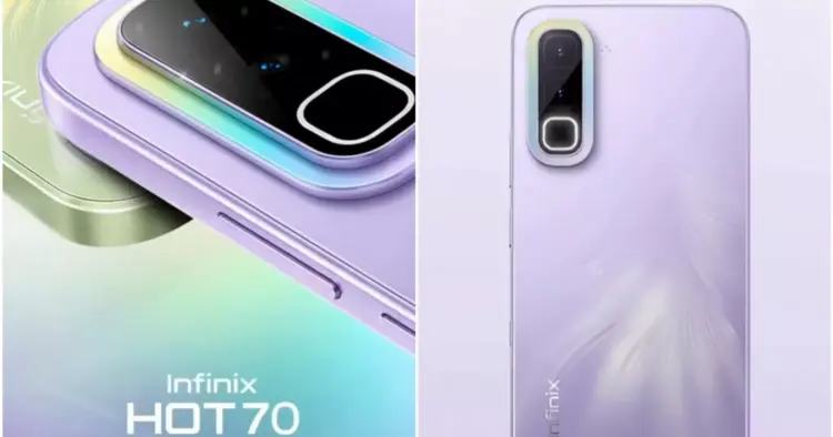 Detail modul kamera Infinix Hot 70 warna ungu dan hijau yang menunjukkan kemampuan ganti warna bodi.