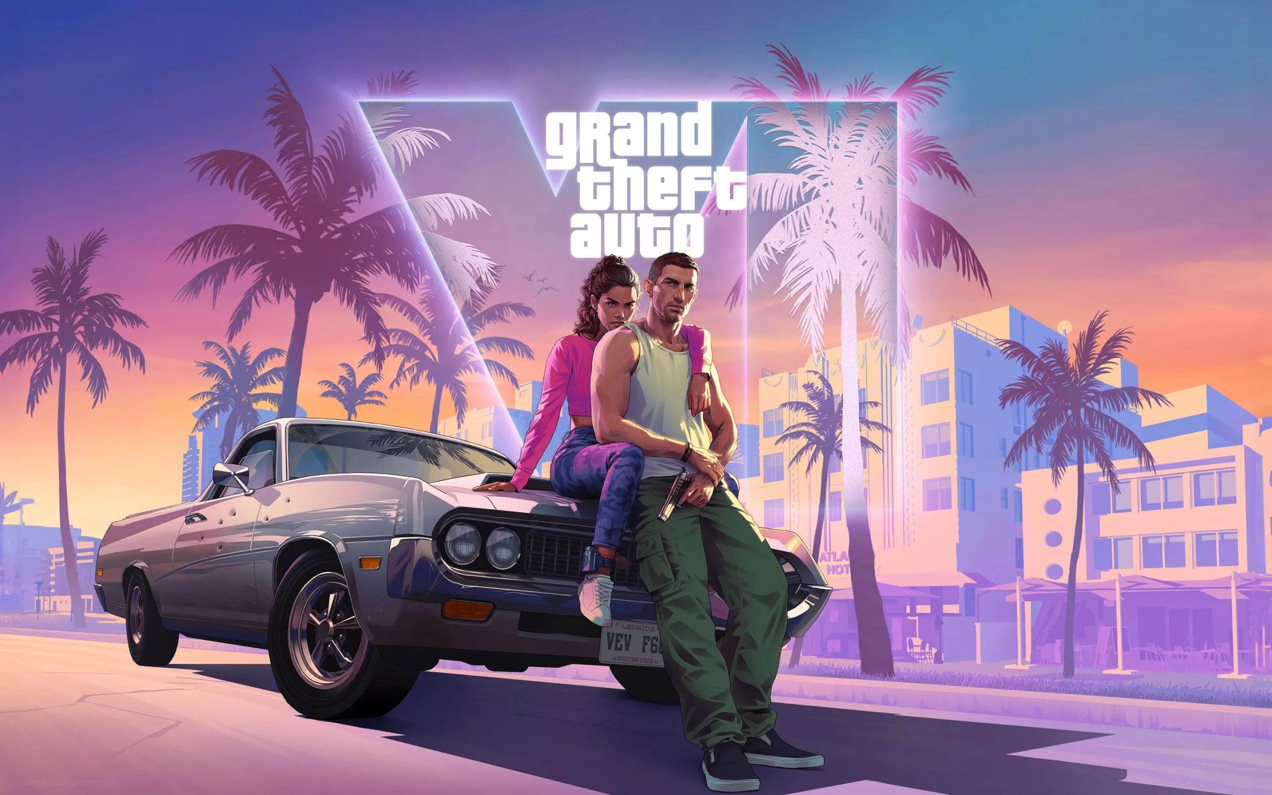 Artwork resmi karakter utama GTA VI, Lucia dan Jason, berpose di depan mobil klasik dengan latar belakang Vice City.