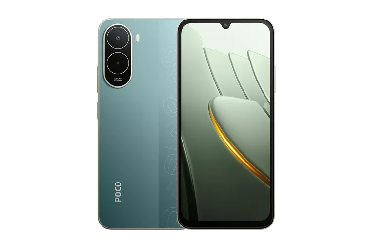 POCO C81 Pro warna hijau tampil dengan notch waterdrop yang minimalis dan setup dual camera yang terlihat seperti HP flagship.