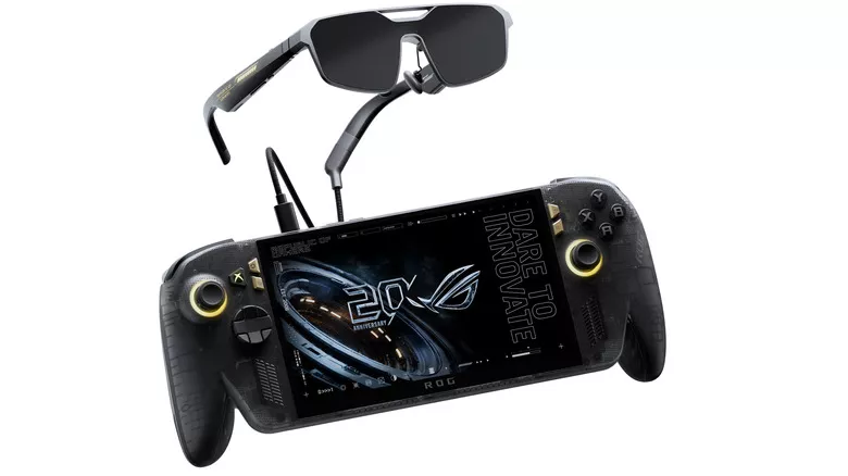 Konsol genggam Asus ROG Ally X20 hitam edisi OLED 2026 bersanding dengan kacamata pintar AR premium.