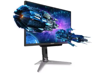 Monitor gaming Acer Predator menampilkan visual 3D pesawat tempur luar angkasa yang memukau.