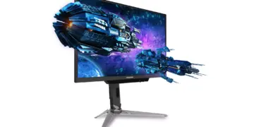 Monitor gaming Acer Predator menampilkan visual 3D pesawat tempur luar angkasa yang memukau.