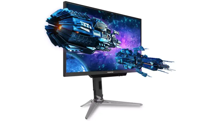 Monitor gaming Acer Predator menampilkan visual 3D pesawat tempur luar angkasa yang memukau.