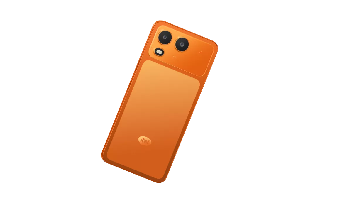 Sisi belakang smartphone itel A200 berwarna oranye cerah dengan modul kamera ganda yang elegan.