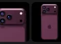 Konsep desain render 3D bagian belakang iPhone 18 berwarna ungu tua dengan modul kamera horizontal unik berisi tiga lensa.
