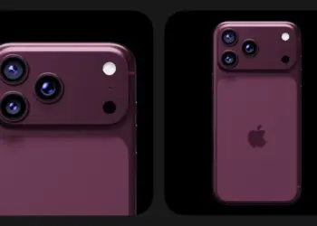 Konsep desain render 3D bagian belakang iPhone 18 berwarna ungu tua dengan modul kamera horizontal unik berisi tiga lensa.