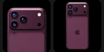 Konsep desain render 3D bagian belakang iPhone 18 berwarna ungu tua dengan modul kamera horizontal unik berisi tiga lensa.
