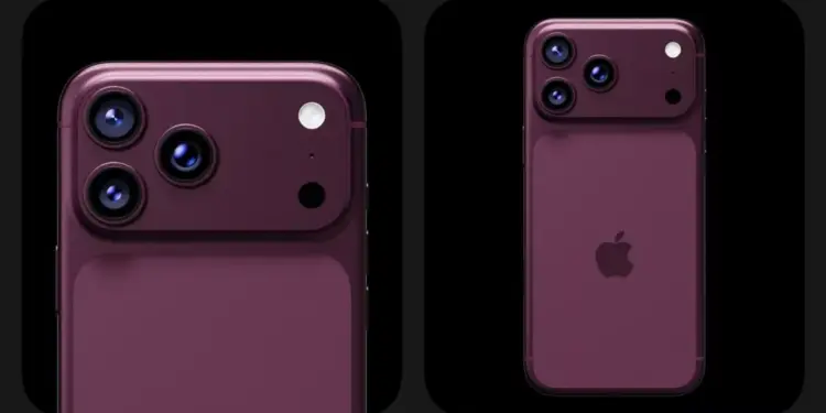 Konsep desain render 3D bagian belakang iPhone 18 berwarna ungu tua dengan modul kamera horizontal unik berisi tiga lensa.