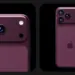 Konsep desain render 3D bagian belakang iPhone 18 berwarna ungu tua dengan modul kamera horizontal unik berisi tiga lensa.