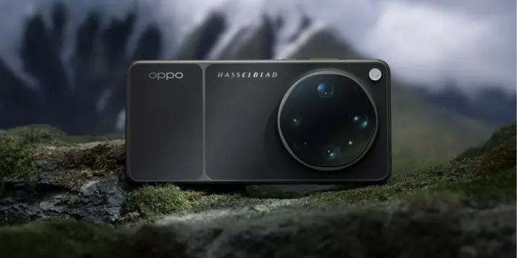 Desain bodi belakang smartphone flagship OPPO Find X9 Ultra dengan modul kamera Hasselblad berlatar pemandangan pegunungan.