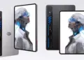 Dua varian warna RedMagic Gaming Tablet 5 Pro, hitam dan silver, bersanding dengan tampilan layar depan ber-wallpaper karakter anime siber.
