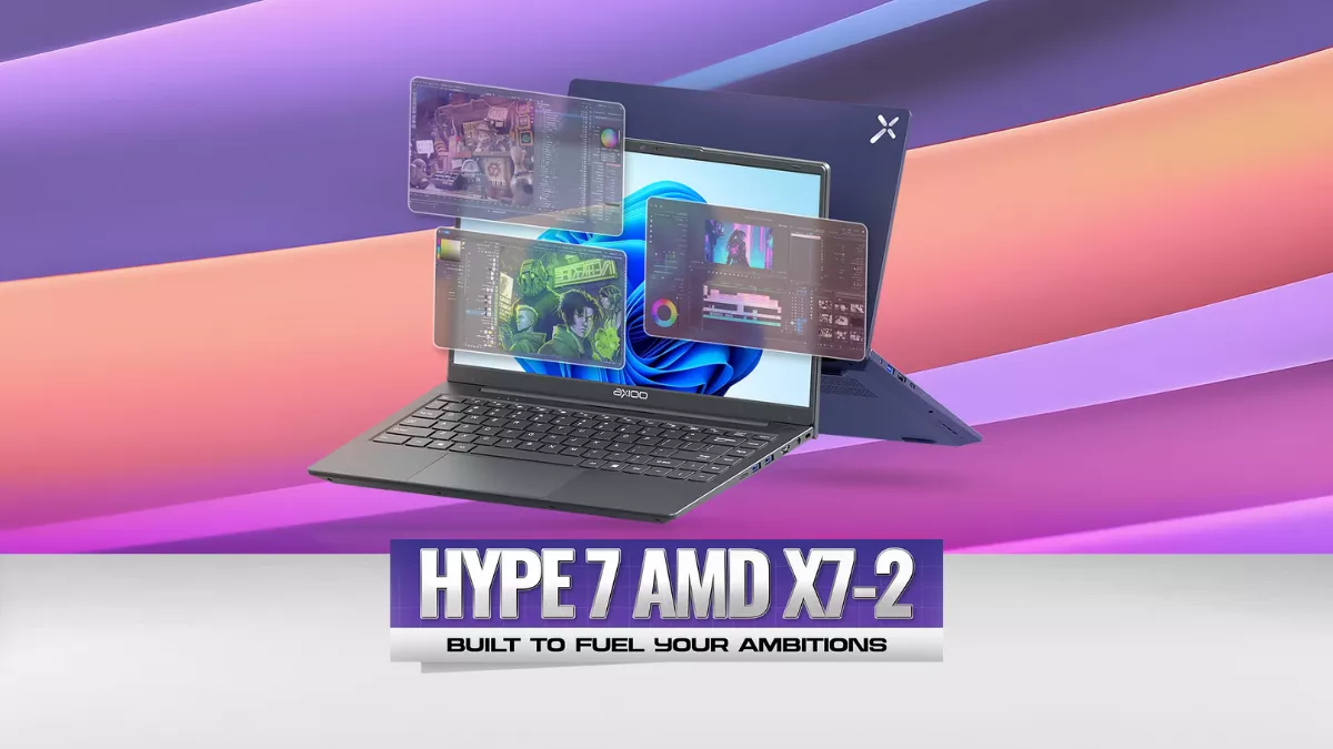 Poster promosi laptop Axioo Hype 7 AMD X7-2 yang dirancang untuk mendukung performa belajar dan kreasi konten multimedia.