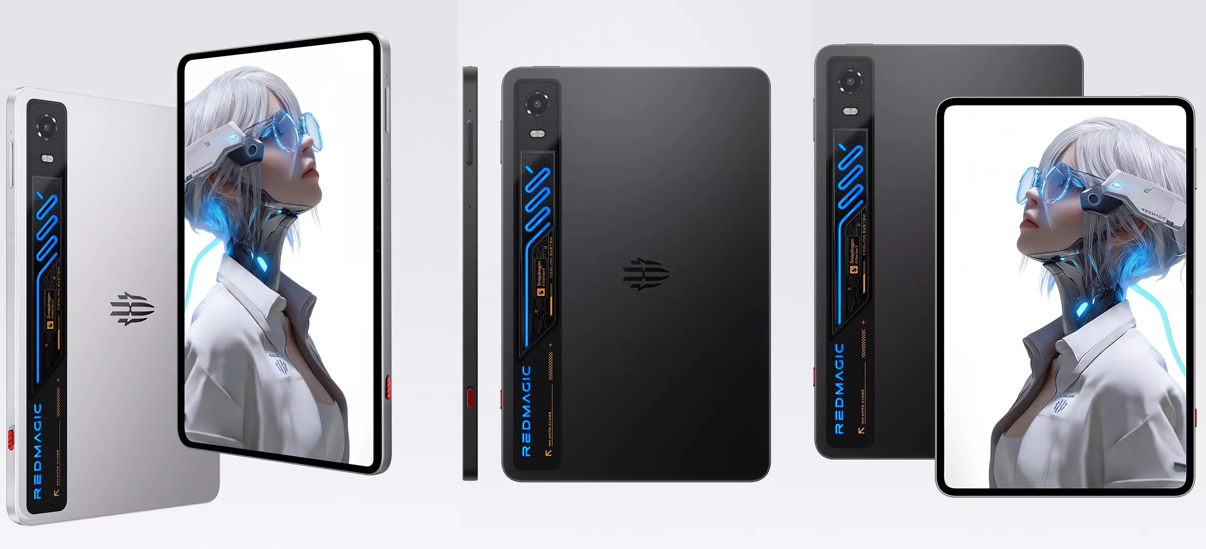 Tampilan multi-sudut RedMagic Gaming Tablet 5 Pro yang menonjolkan strip lampu RGB biru berbentuk pipa Liquid Cooling.
