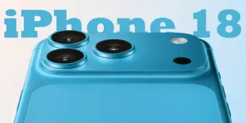 Tampilan sudut atas tiga lensa kamera belakang pada purwarupa iPhone 18 biru