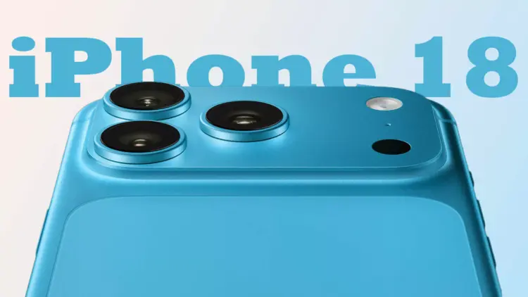 Tampilan sudut atas tiga lensa kamera belakang pada purwarupa iPhone 18 biru