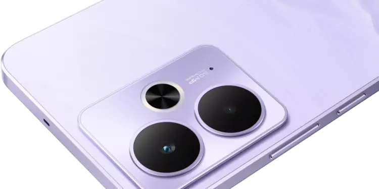 Detail modul kamera jernih 50MP bertenaga AI pada salah satu HP Realme RAM 12 GB terbaru.