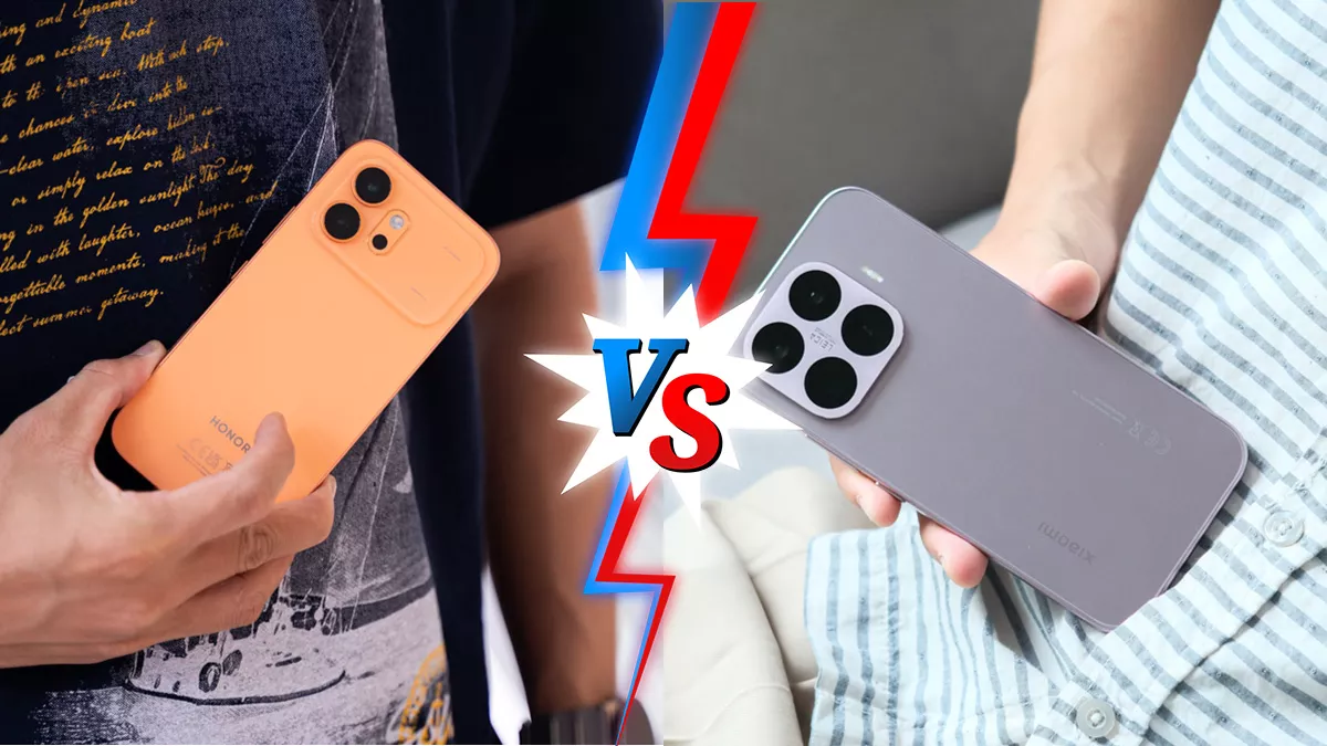 Smartphone Honor 600 Pro varian warna oranye saat digenggam tangan berdampingan dengan Xiaomi 17T Pro